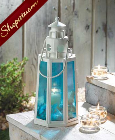 Wholesale Lanterns, Ocean Blue Glass, White Lighthouse Lanterns, Bulk Lot 12
