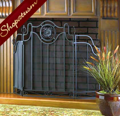 Tuscan Design Black Folding Fireplace Screen With Iron Accents