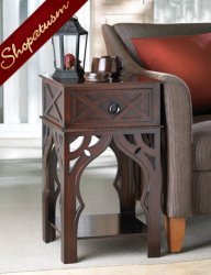 Moroccan Style Carved Wood Side End Table Drawer and Shelf