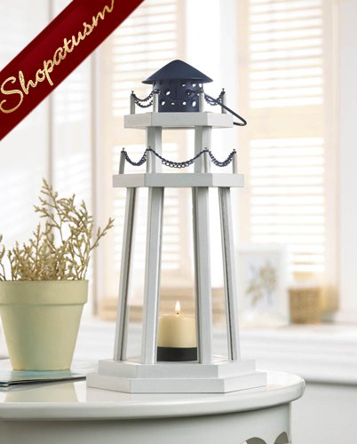 Nautical White Wood Centerpiece Lighthouse Candle Lantern