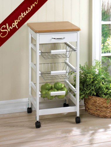 Kitchen Trolley White Side Table with Drawer & Storage Baskets