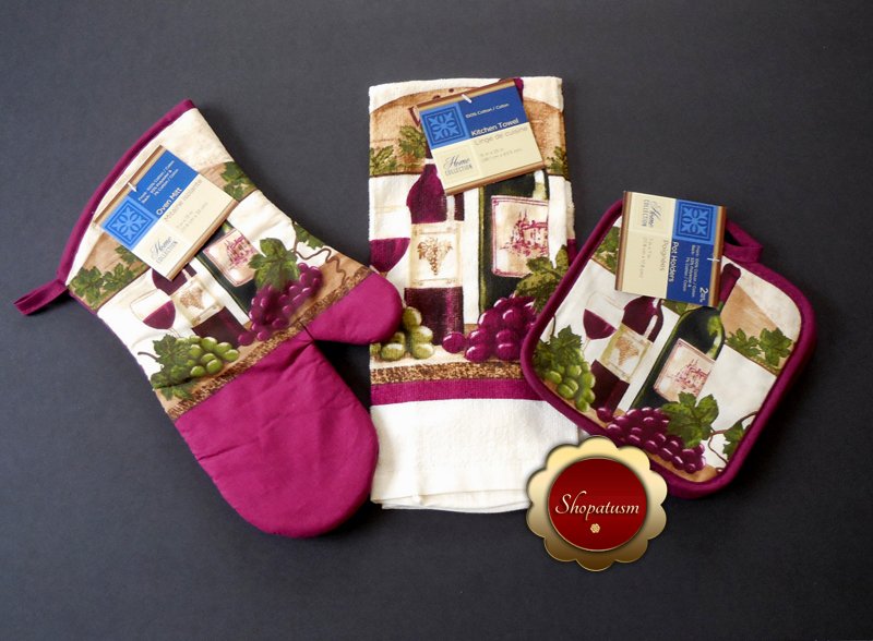 Wine Themed Cotton Oven Mitts, Microfiber Kitchen Towel, Pot Holders