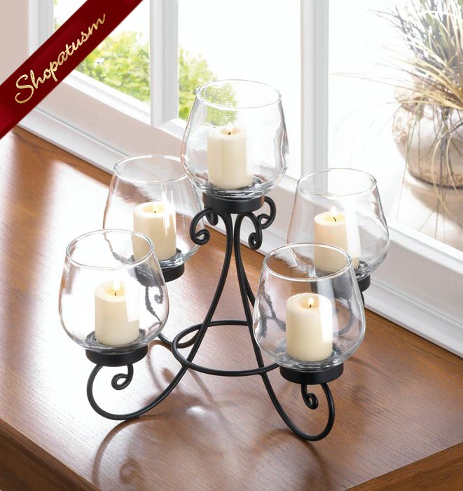 12 Black Elegant Candle Centerpiece Scroll Design Metal with Glass Cups