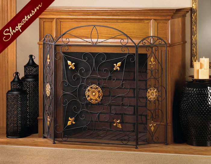 Black Gold Splendor Fireplace Screen Embellished Gold Ornaments