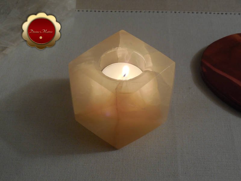 Image 1 of Carved Onyx Tealight Candle Holder Geometric Shape Crystal Healing 3 1/2 Inch