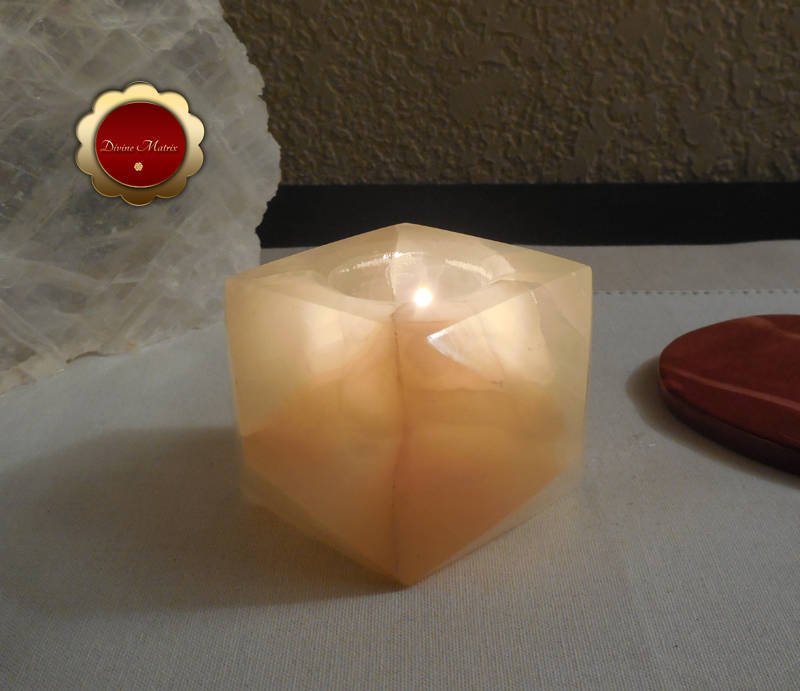 Image 2 of Carved Onyx Tealight Candle Holder Geometric Shape Crystal Healing 3 1/2 Inch
