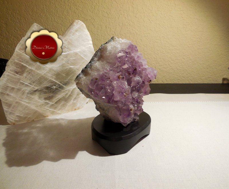 Amethyst Cluster with Wood Stand Protection Crystal Energy Healing