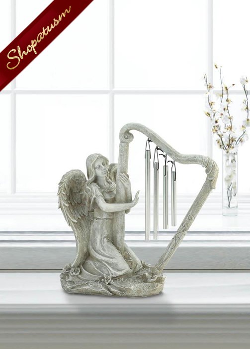 Angel Harp Wind Chime Antique Stone Finish Statue
