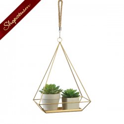 Gold Hanging Plant Holder With Rectangle Base and Rope