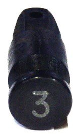BUTTON, BLACK, 3/4" DIAMETER, "MILK BOTTLE", MARKED # 3 OTIS # 323AB1