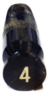BUTTON, BLACK, 3/4" DIAMETER, "MILK BOTTLE", MARKED # 4 OTIS # 323AB1