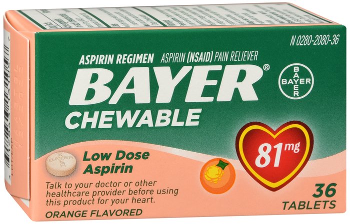 Bayer Aspirin Lo Dose Chewable Orange 36 Tablets.